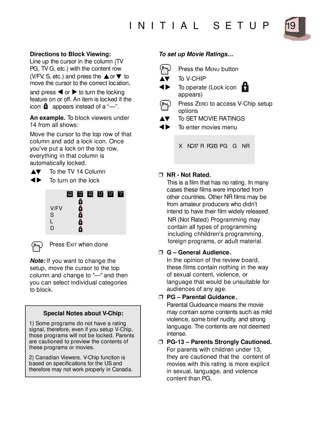 JVC AV 27D200 Directions to Block Viewing, NR Not Rated, General Audience Special Notes about V-Chip, PG Parental Guidance 