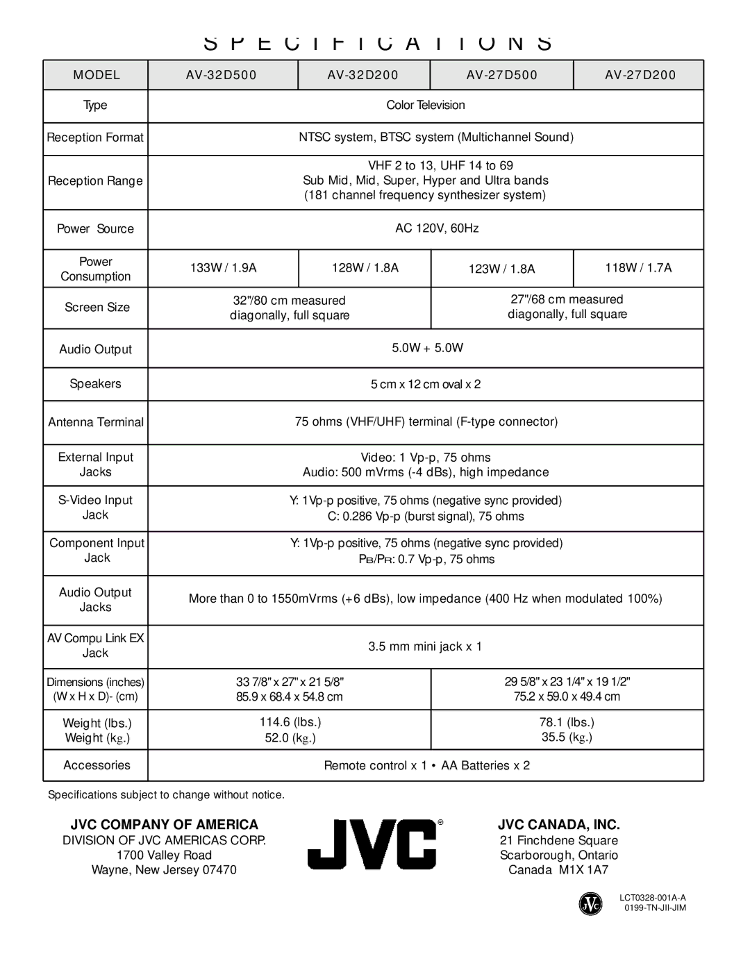 JVC AV 27D200 manual Specification S, JVC Company of America JVC CANADA, INC 