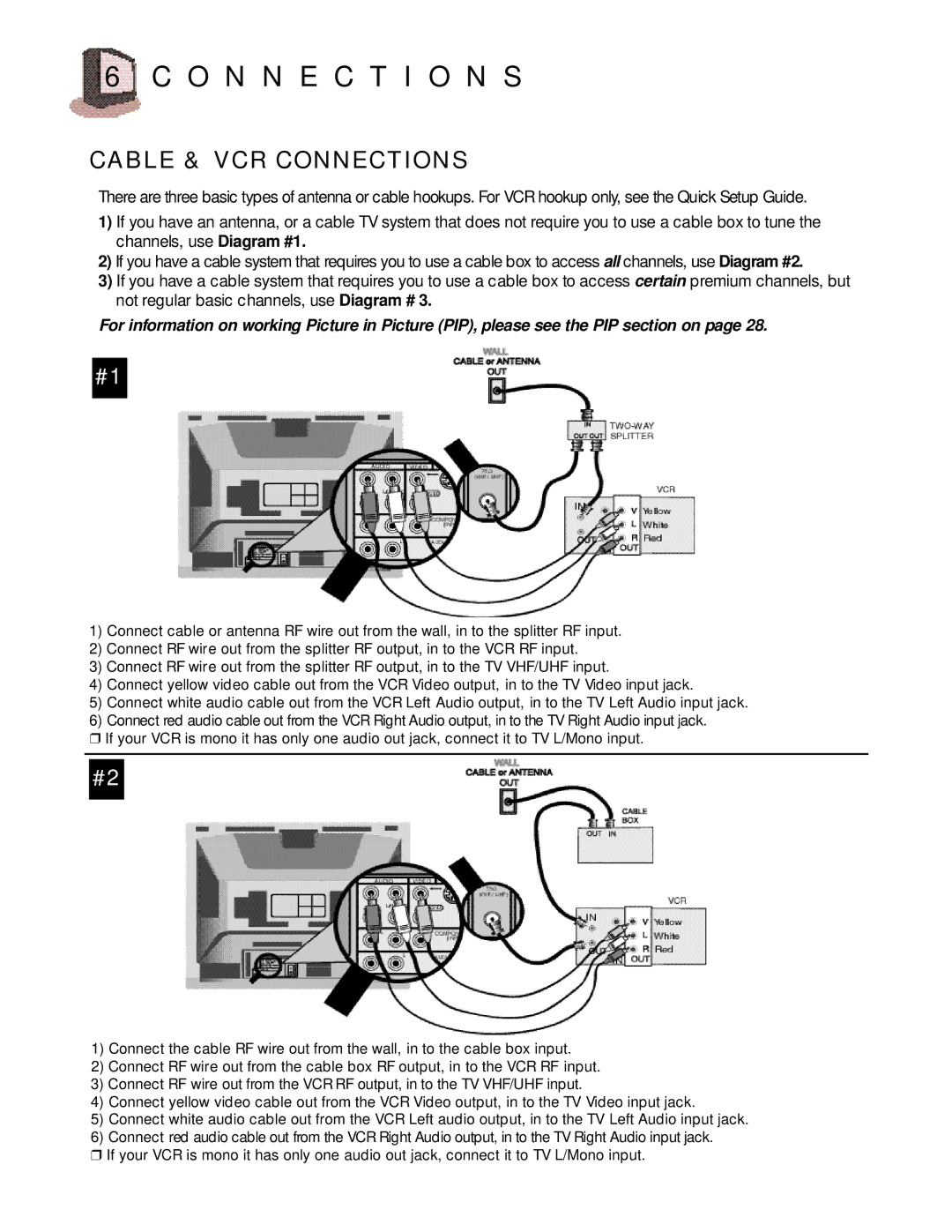 JVC AV 27D200 manual O N N E C T I O N S, Cable & VCR Connections 