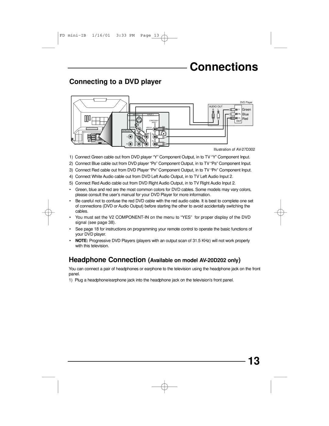 JVC AV 27D202, AV 27D302, AV 27230, AV 20D202 manual Connecting to a DVD player, Component Input 