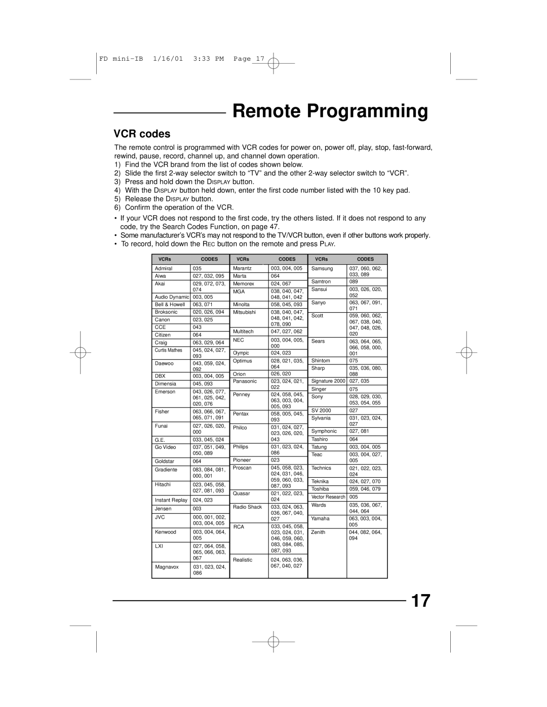 JVC AV 27D202, AV 27D302, AV 27230, AV 20D202 manual VCR codes, Confirm the operation of the VCR 