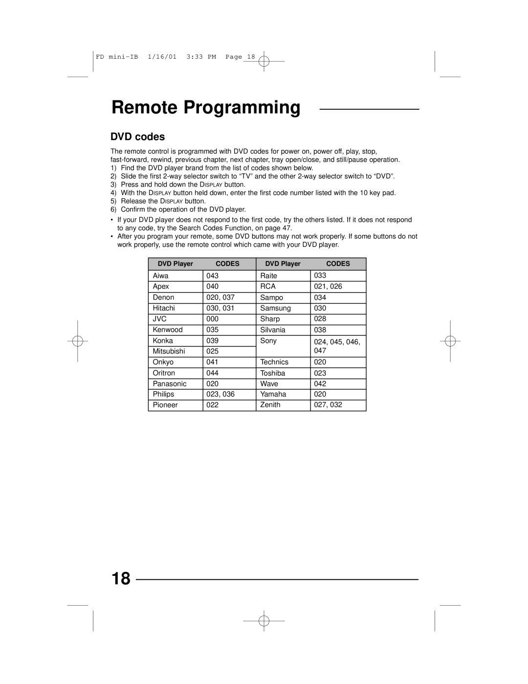 JVC AV 27230, AV 27D302, AV 27D202 DVD codes, Confirm the operation of the DVD player, Aiwa 043 Raite 033 Apex 040, 021 