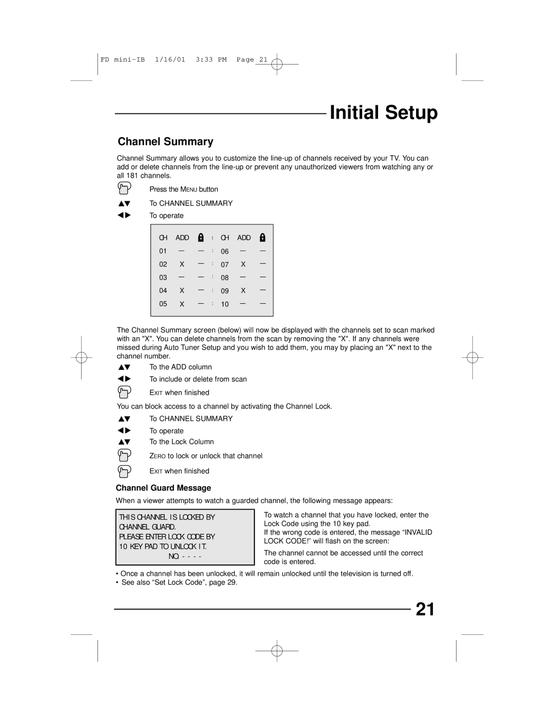 JVC AV 27D202, AV 27D302, AV 27230, AV 20D202 manual Channel Summary, Channel Guard Message, All 181 channels 