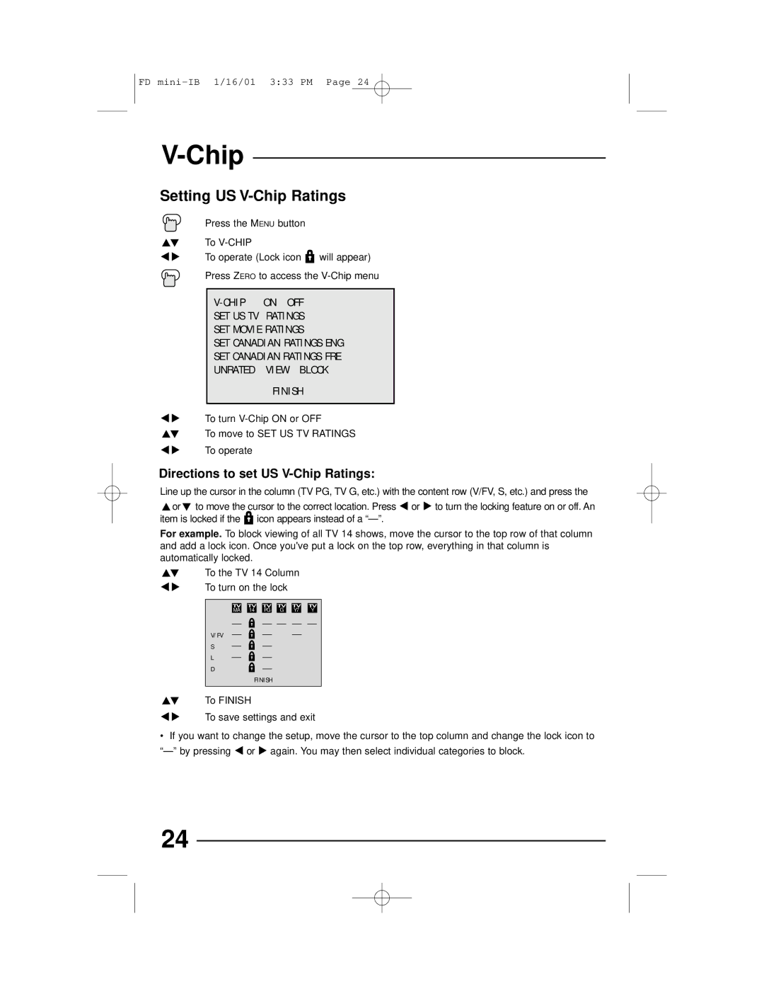 JVC AV 27D302, AV 27D202, AV 27230 manual Setting US V-Chip Ratings, Press the M ENU button To V-CHIP To operate Lock icon 