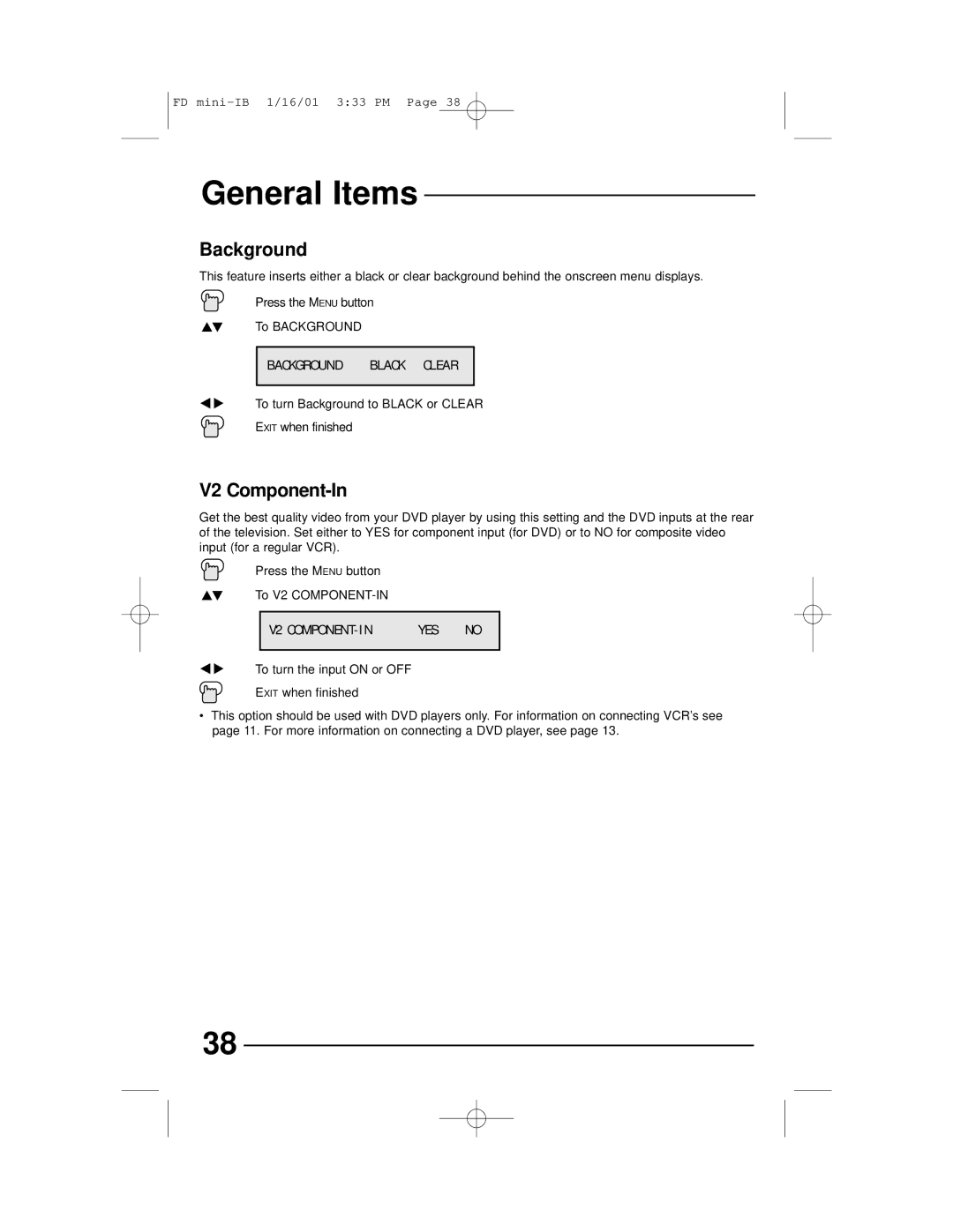 JVC AV 27230, AV 27D302, AV 27D202, AV 20D202 manual V2 Component-In, Background Black Clear, V2 COMPONENT-IN YES 