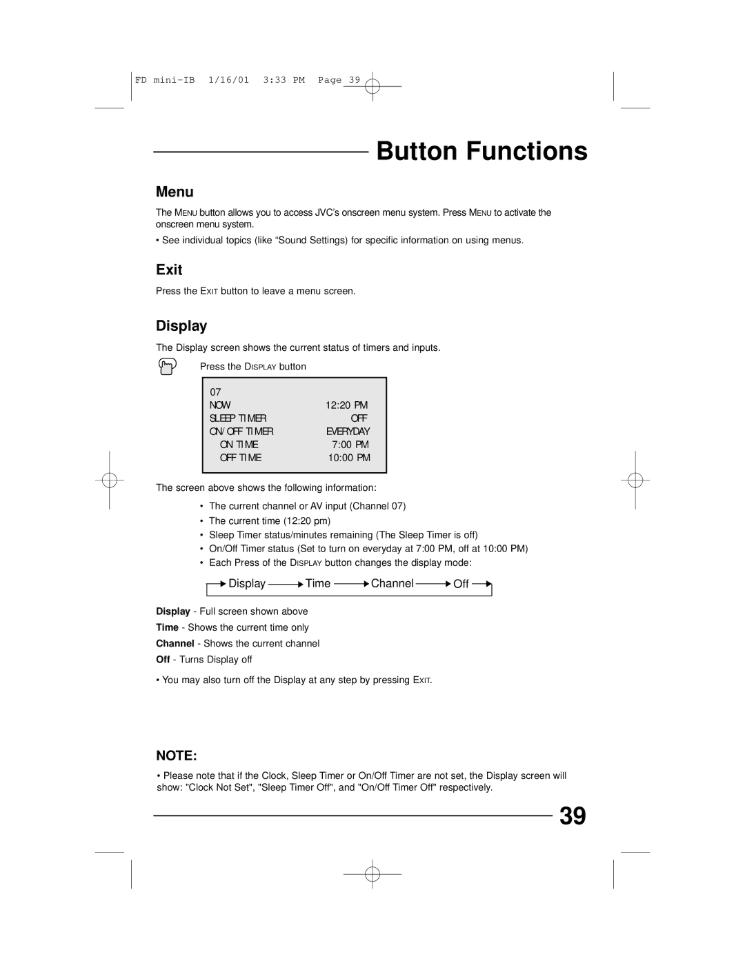 JVC AV 20D202, AV 27D302, AV 27D202, AV 27230 manual Button Functions, Menu, Exit, Display 