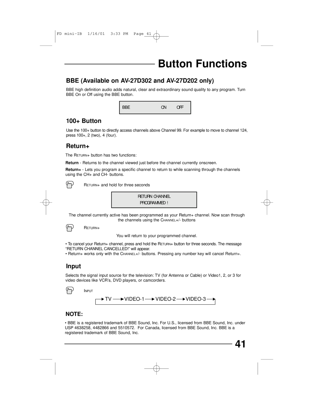 JVC AV 27D202, AV 27D302, AV 27230, AV 20D202 BBE Available on AV-27D302 and AV-27D202 only, 100+ Button, Return+, Input 