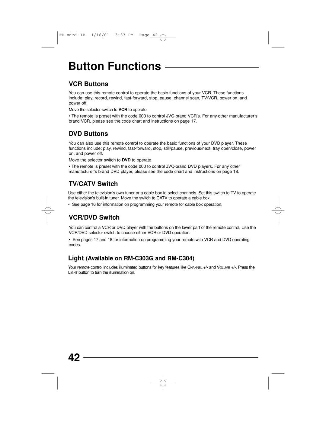 JVC AV 27230, AV 27D302 VCR Buttons, DVD Buttons, TV/CATV Switch, VCR/DVD Switch, Ight button to turn the illumination on 