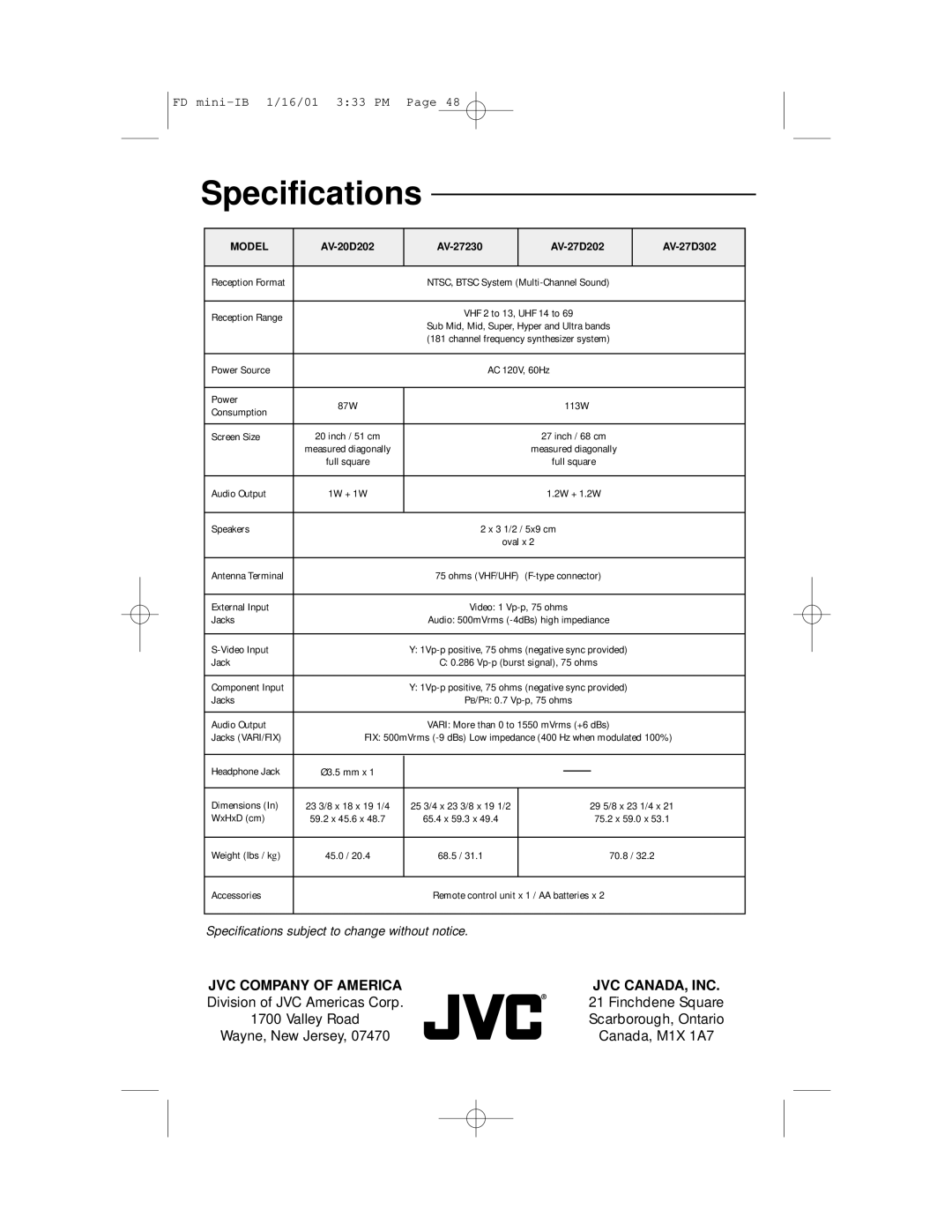 JVC AV 27D302, AV 27D202, AV 27230, AV 20D202 manual Specifications, Model 