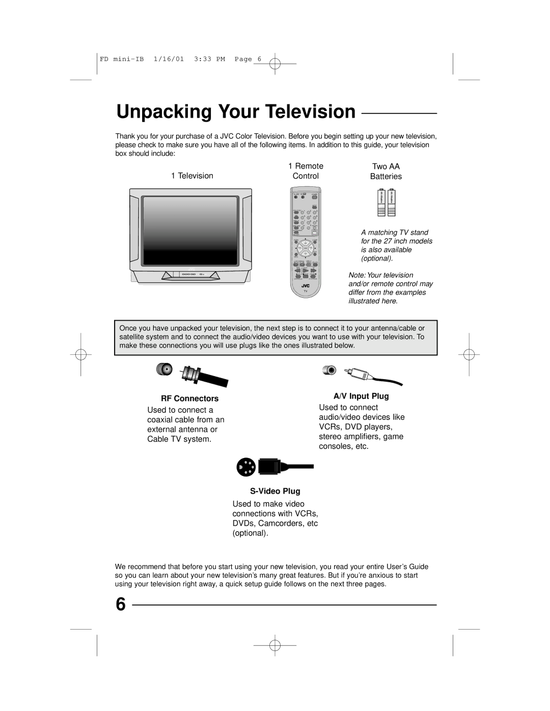 JVC AV 27230, AV 27D302, AV 27D202, AV 20D202 manual Unpacking Your Television, RF Connectors, Input Plug, Video Plug 