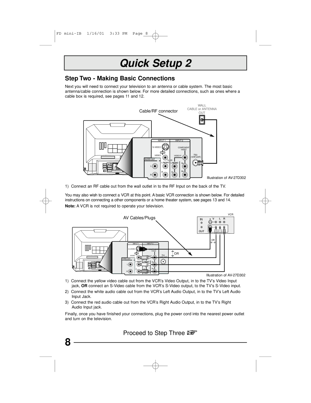 JVC AV 27D302, AV 27D202, AV 27230, AV 20D202 manual Step Two Making Basic Connections, Cable/RF connector, AV Cables/Plugs 