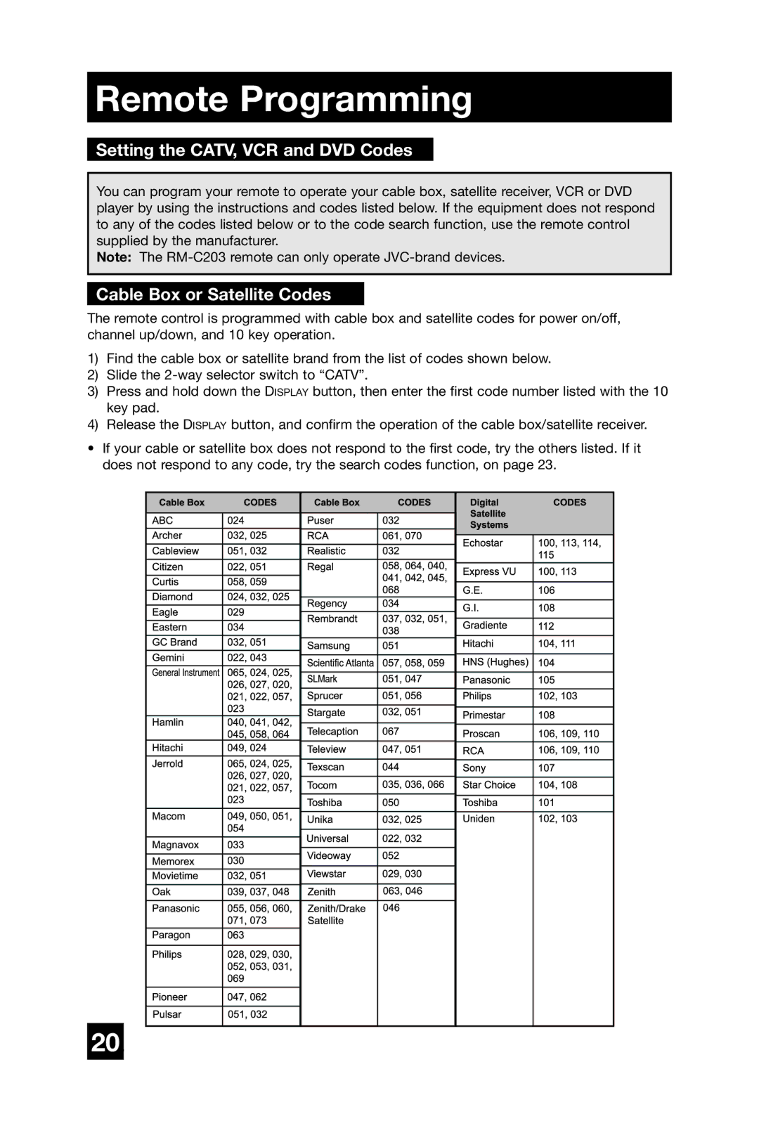 JVC AV 27432, AV 32432, AV 32430 manual Remote Programming, Setting the CATV, VCR and DVD Codes, Cable Box or Satellite Codes 