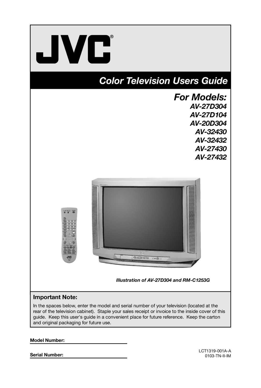 JVC AV-27D304 manual Important Note, Model Number Serial Number 