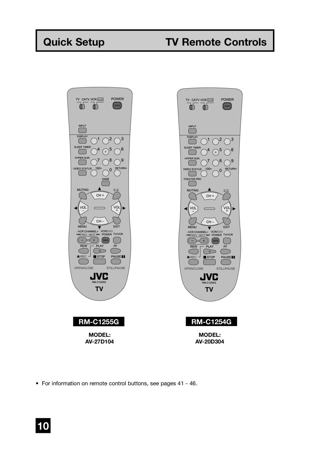 JVC AV-27D304 manual Quick Setup TV Remote Controls, RM-C1255G RM-C1254G 