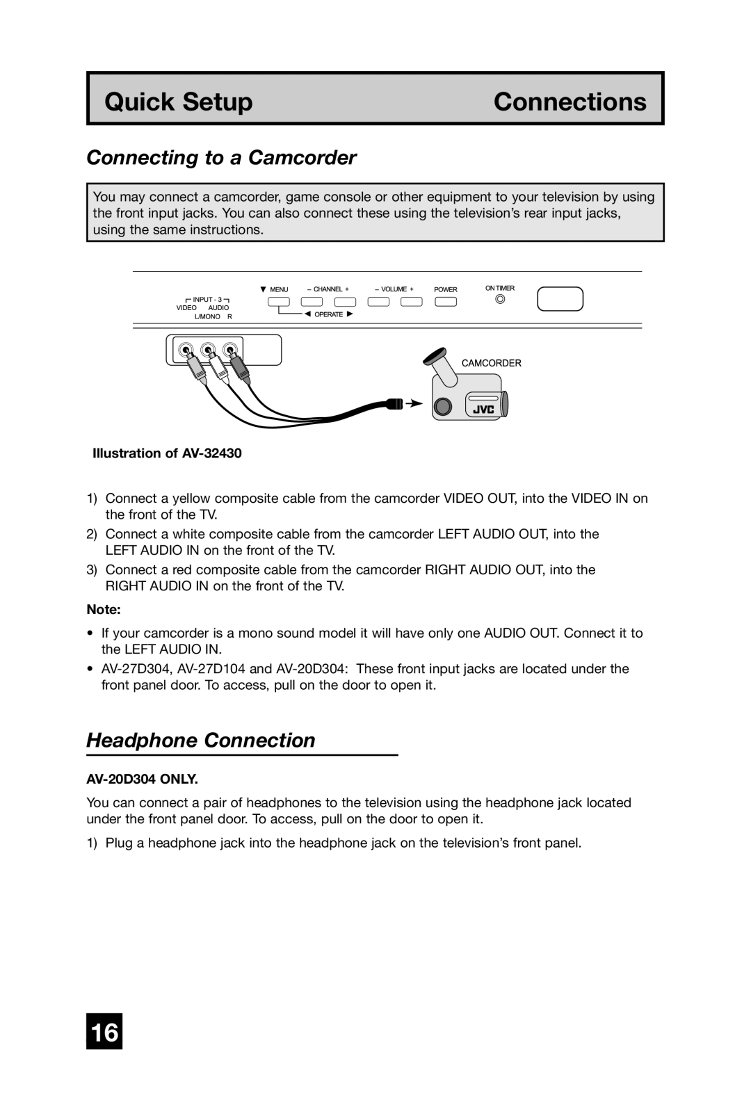 JVC AV-27D304 manual Connecting to a Camcorder, Headphone Connection, AV-20D304 only 