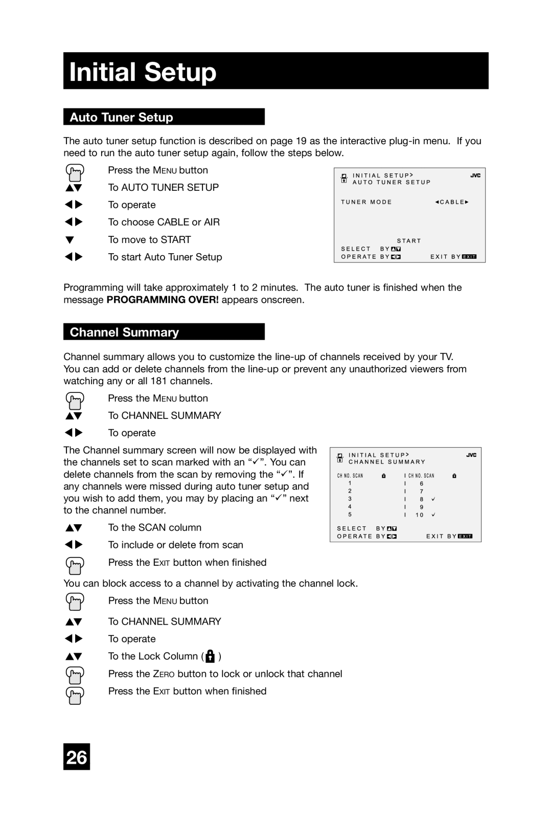 JVC AV-27D304 manual Initial Setup, Auto Tuner Setup, Channel Summary 