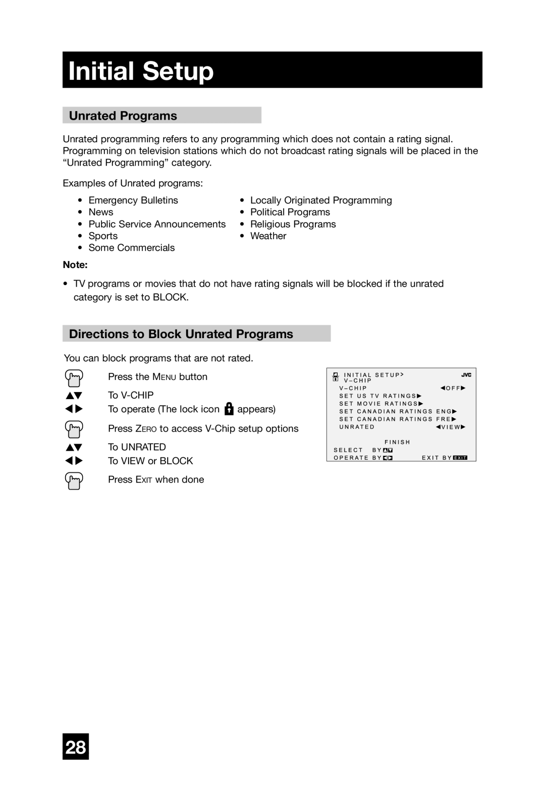 JVC AV-27D304 manual Directions to Block Unrated Programs 