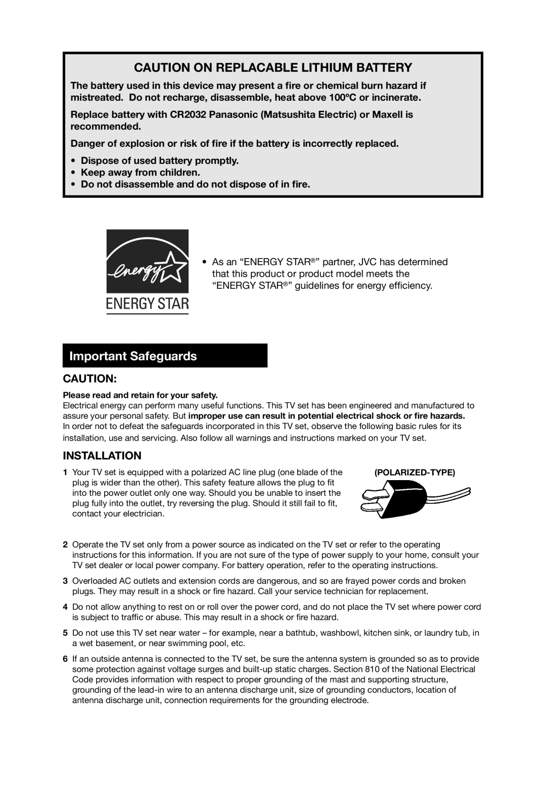 JVC AV-27D304 manual Important Safeguards, Please read and retain for your safety 