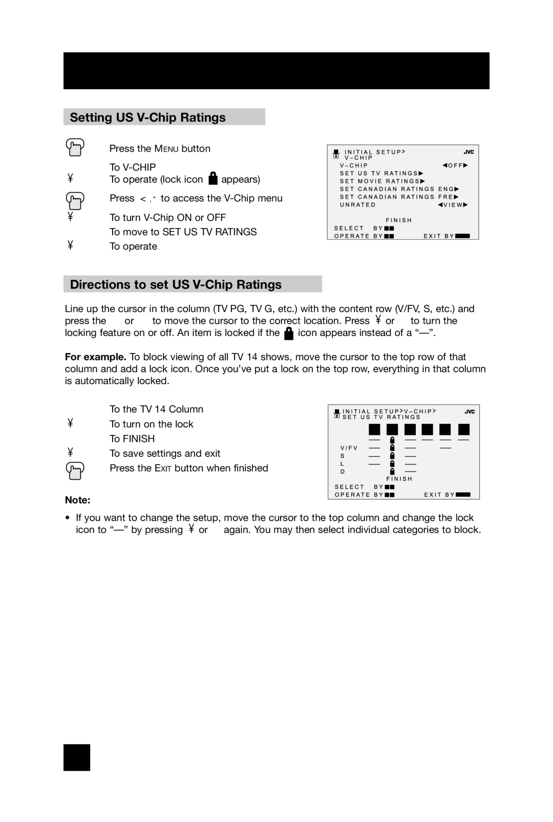 JVC AV-27D304 manual Setting US V-Chip Ratings, Directions to set US V-Chip Ratings 