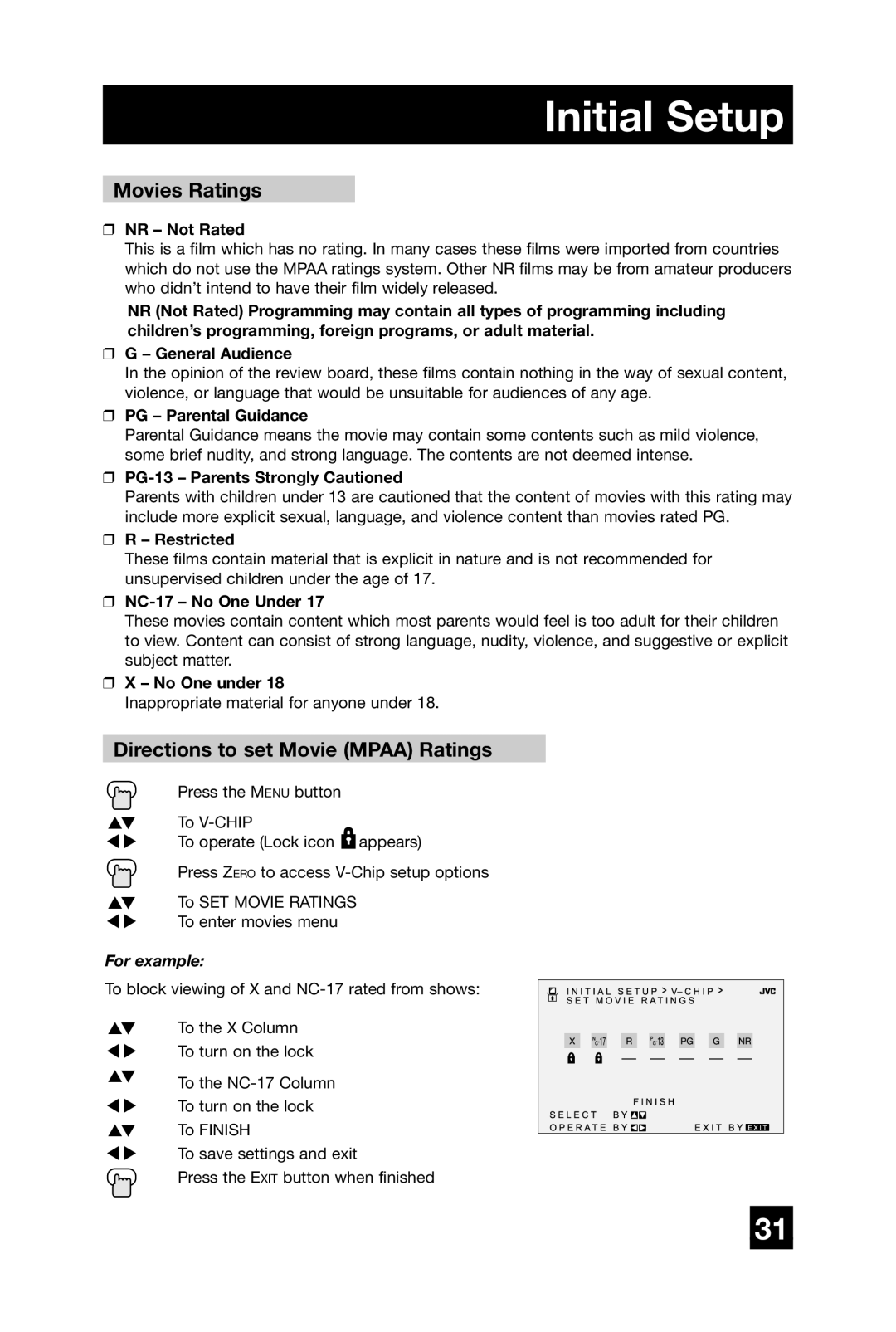 JVC AV-27D304 manual Movies Ratings, Directions to set Movie Mpaa Ratings 