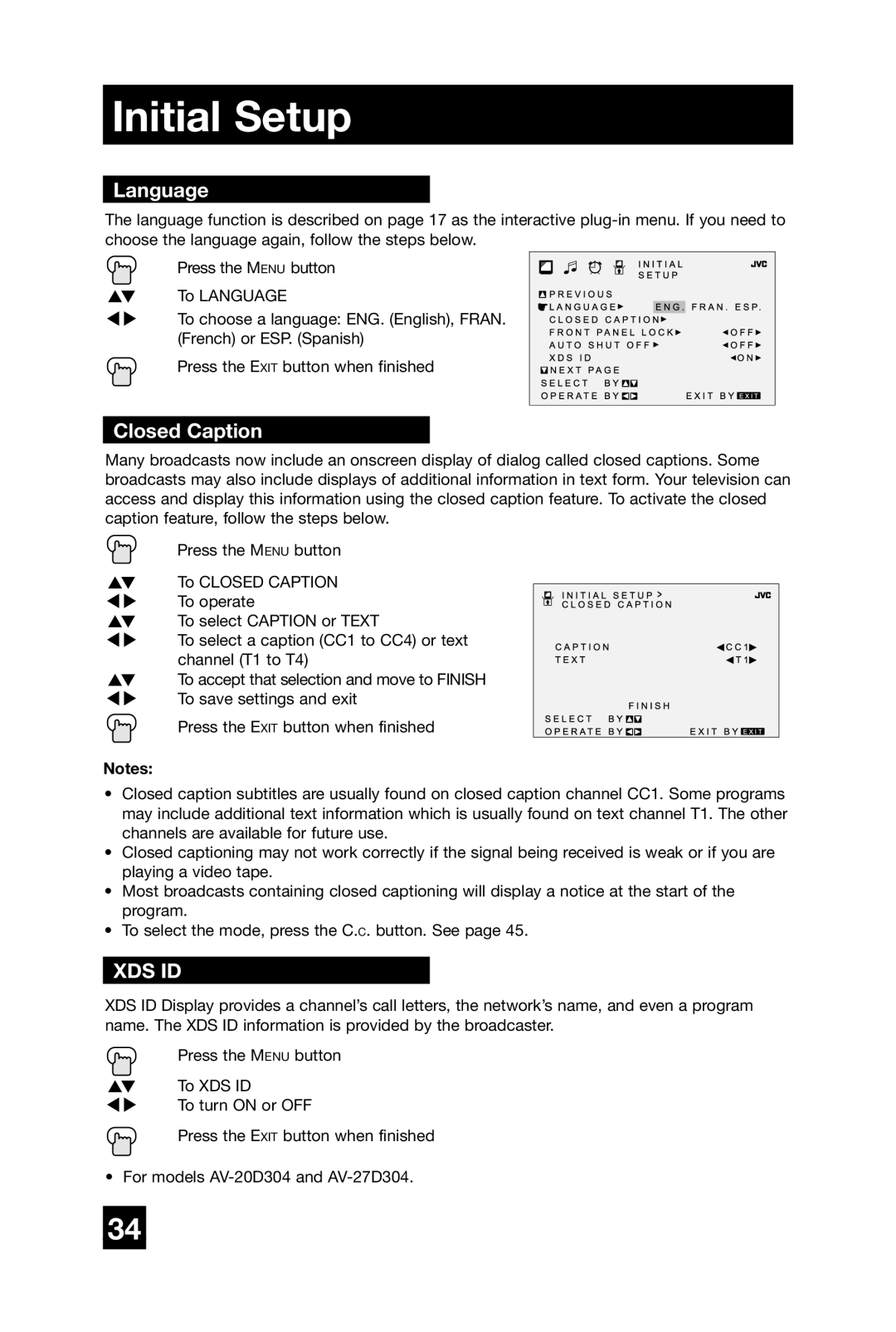 JVC AV-27D304 manual Language, Closed Caption 