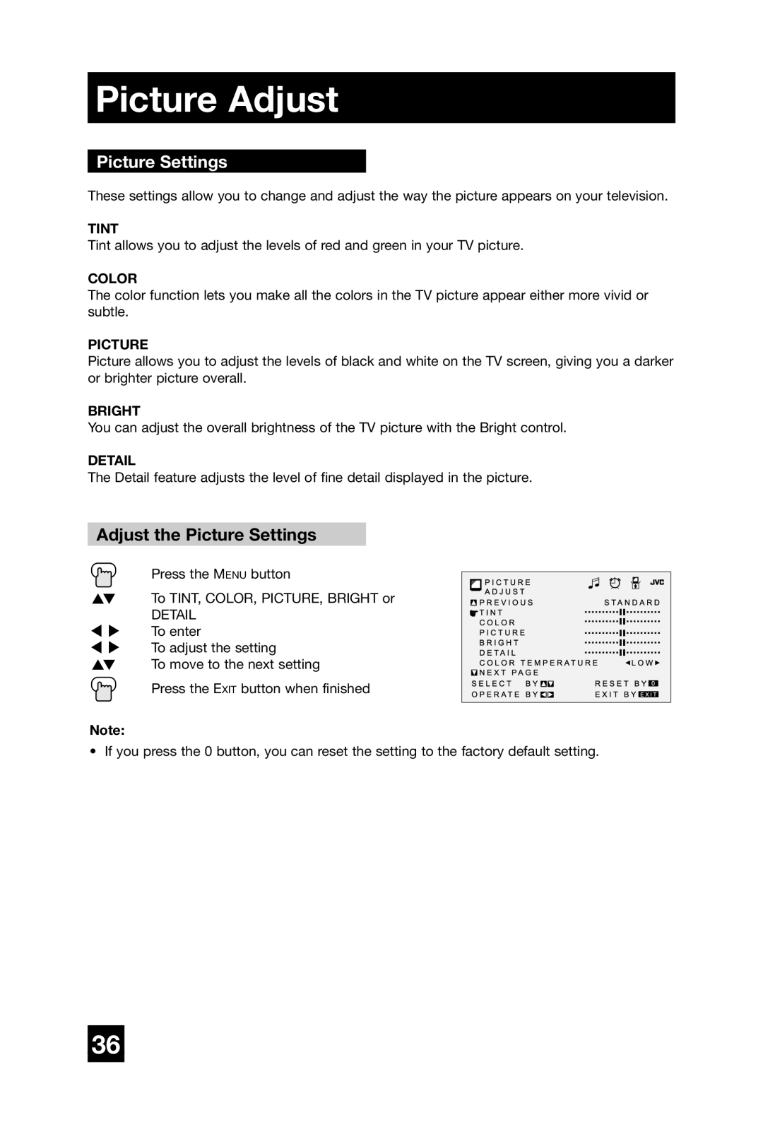 JVC AV-27D304 manual Picture Adjust, Adjust the Picture Settings 