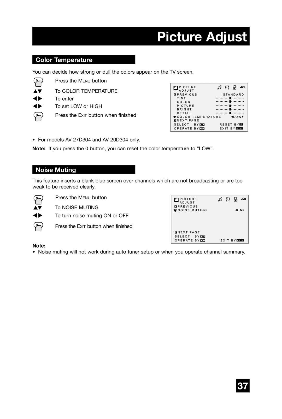 JVC AV-27D304 manual Color Temperature, Noise Muting 