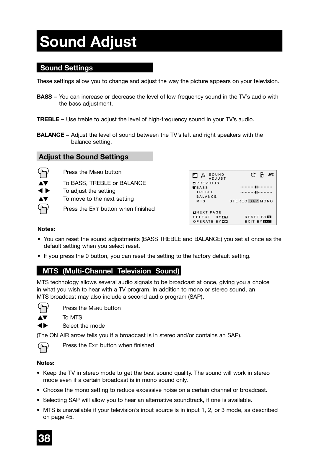 JVC AV-27D304 manual Sound Adjust, Adjust the Sound Settings, MTS Multi-Channel Television Sound 