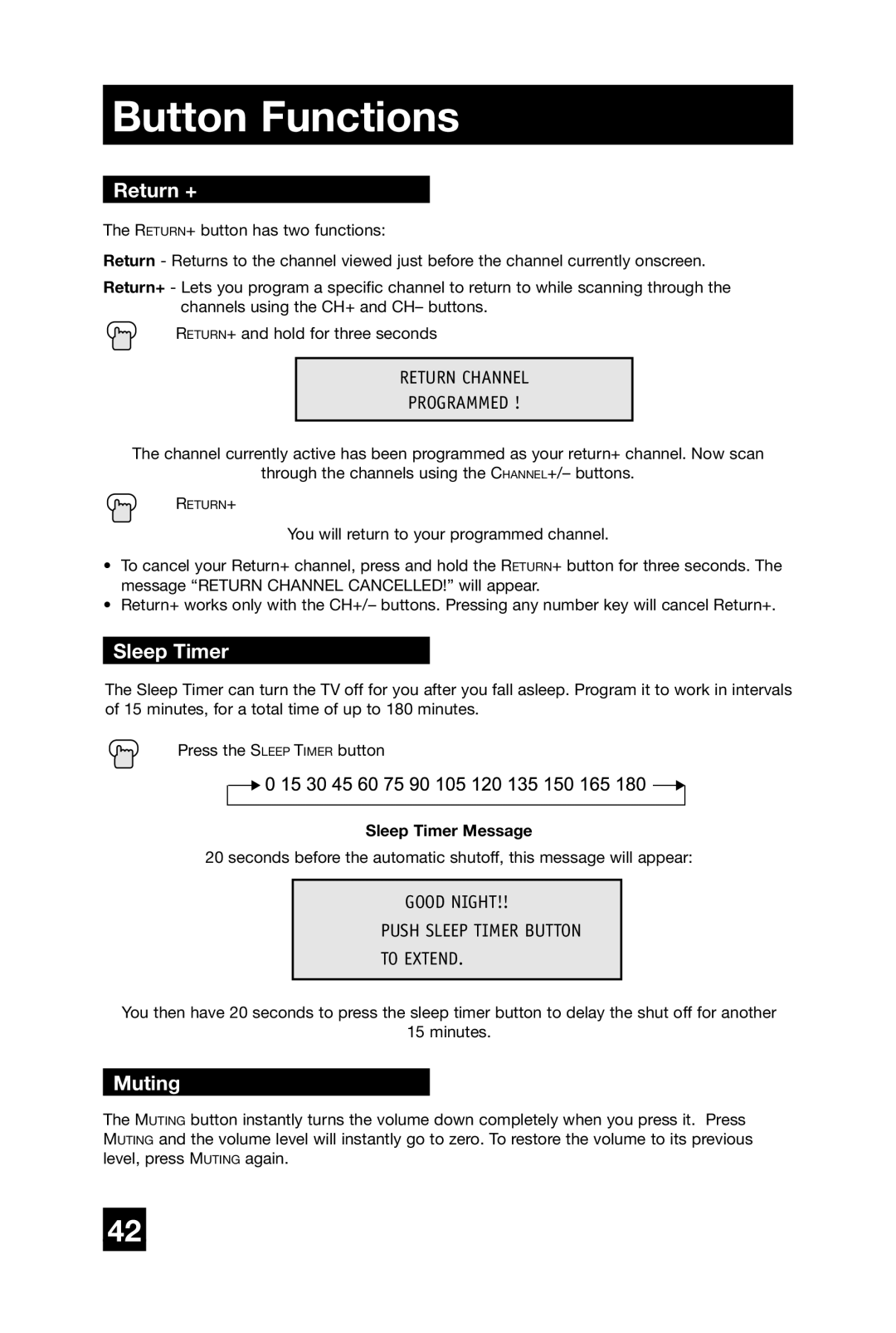 JVC AV-27D304 manual Return +, Muting, Sleep Timer Message 