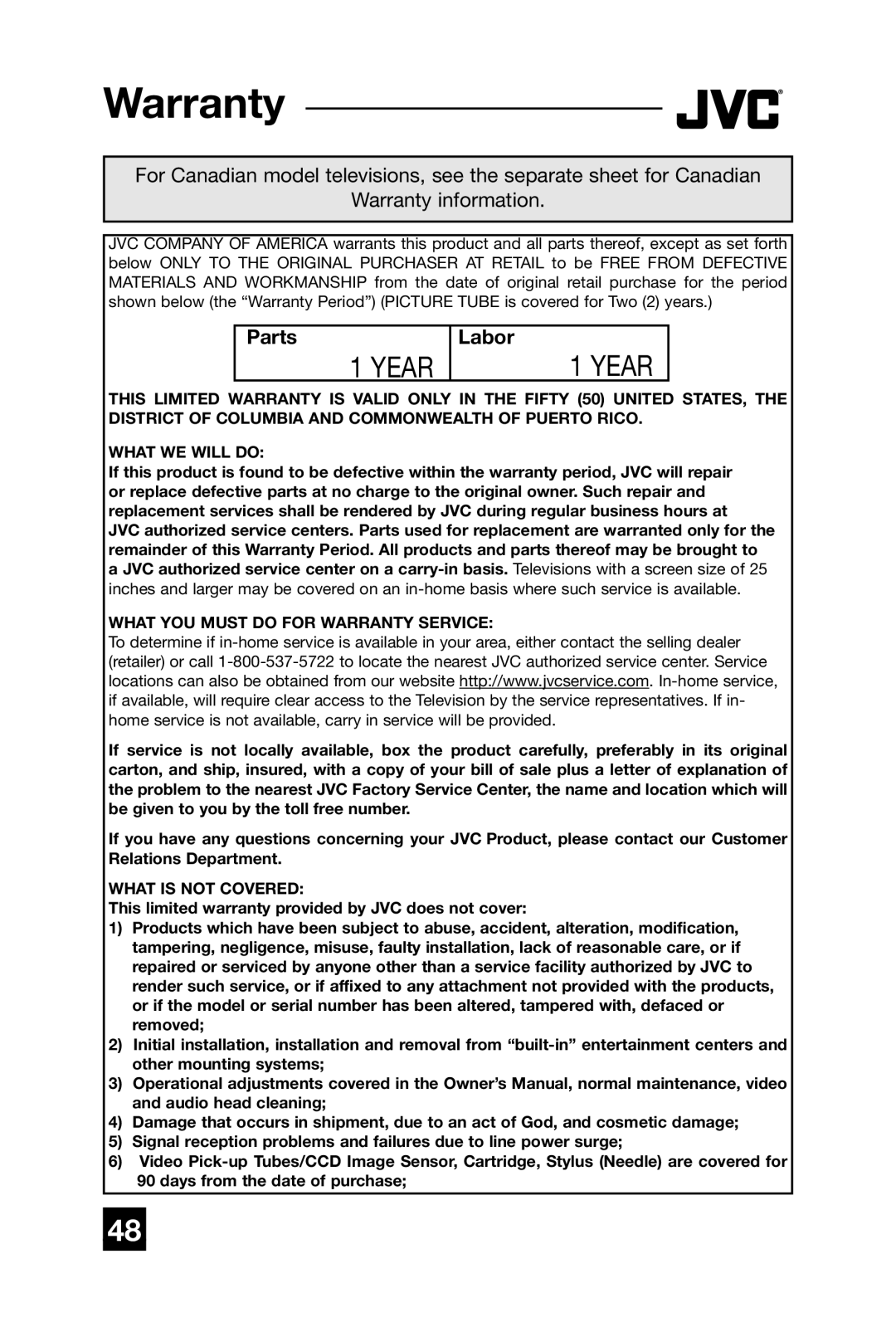 JVC AV-27D304 manual Parts, Labor 