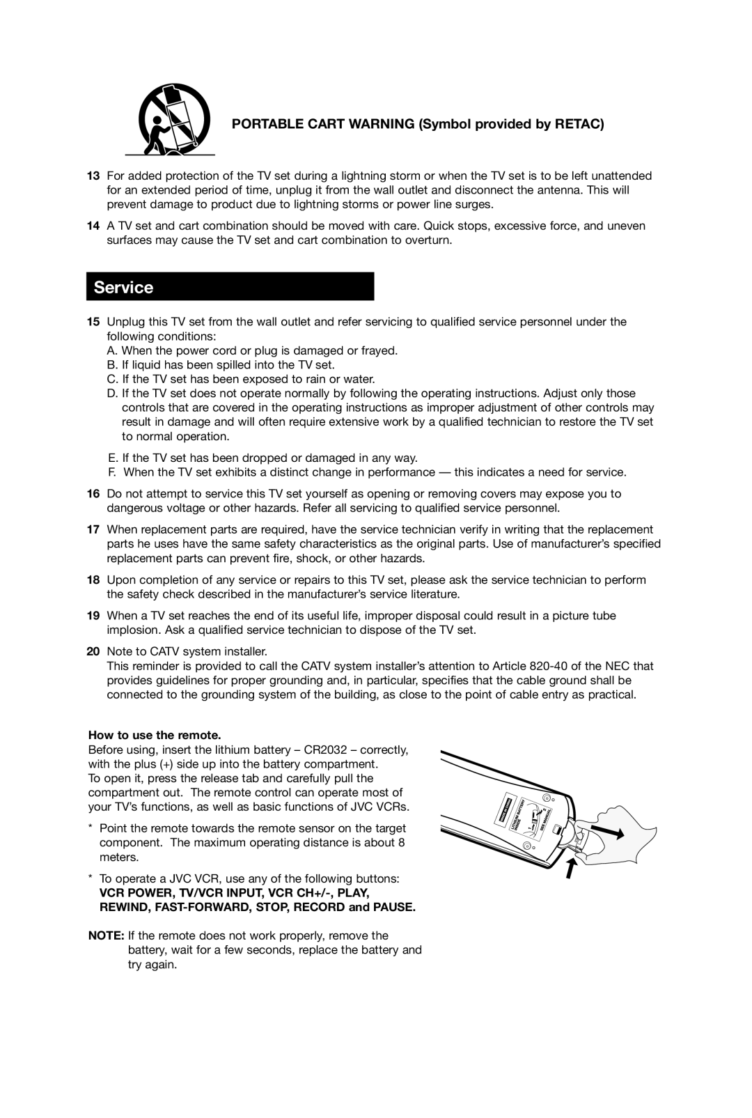 JVC AV-27D304 manual Service, Portable Cart Warning Symbol provided by Retac 