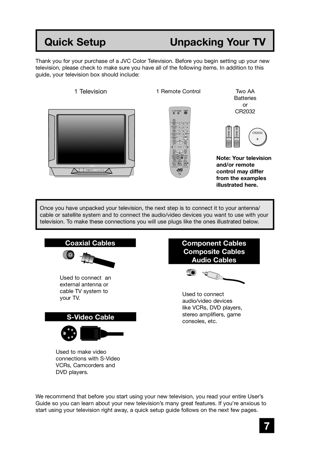 JVC AV-27D304 manual Coaxial Cables, Video Cable, Component Cables Composite Cables Audio Cables 