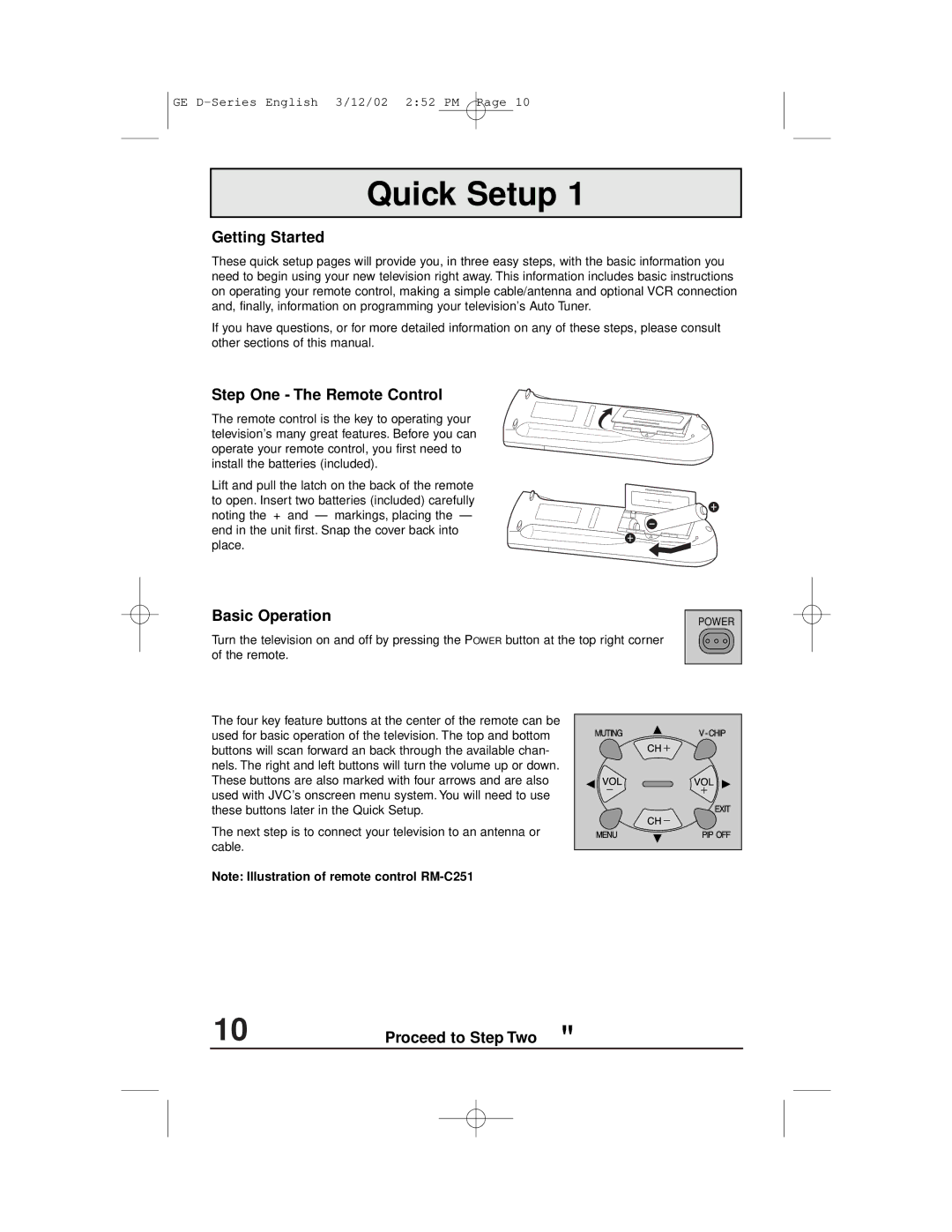 JVC AV-32D203, AV-27D503 Quick Setup, Getting Started, Step One The Remote Control, Basic Operation, Proceed to Step Two 