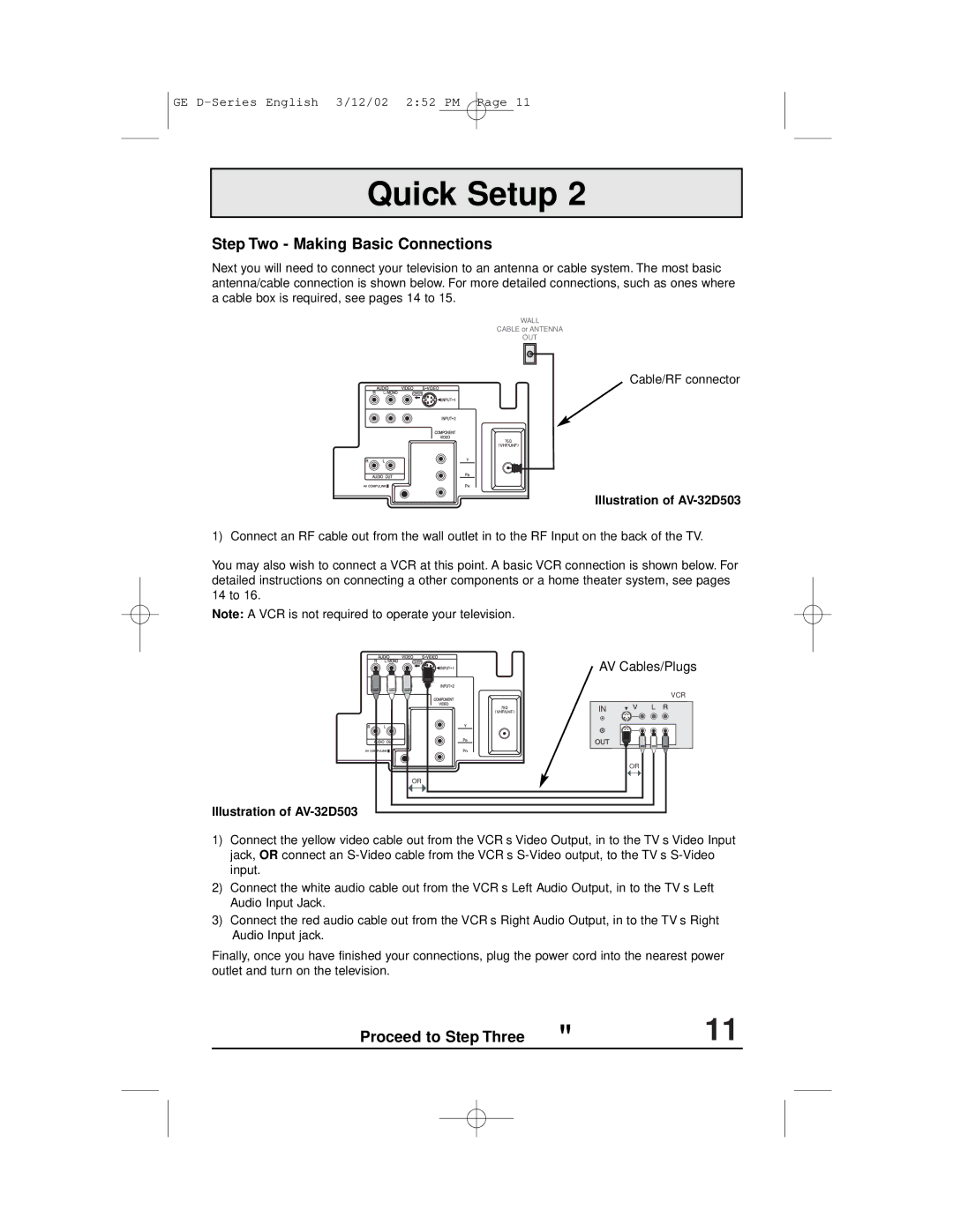 JVC AV-32D303, AV-27D503, AV-36D303 Step Two Making Basic Connections, Proceed to Step Three, Illustration of AV-32D503 