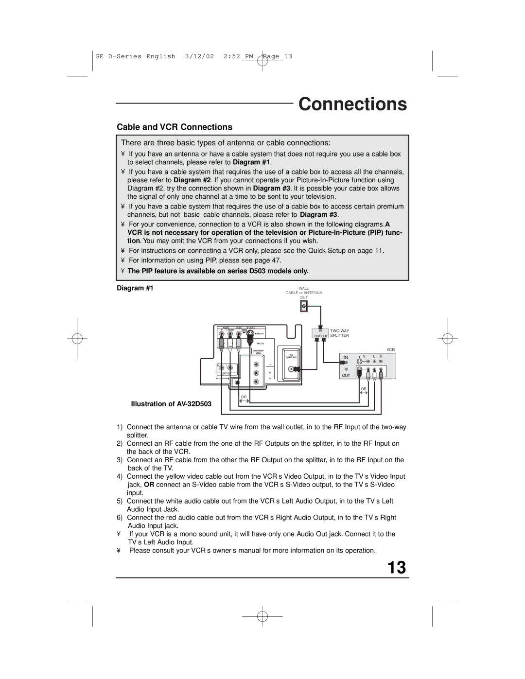 JVC AV-36D303, AV-27D503, AV-36D203, AV-32D503, AV-32D203, AV-32D303 manual Cable and VCR Connections 