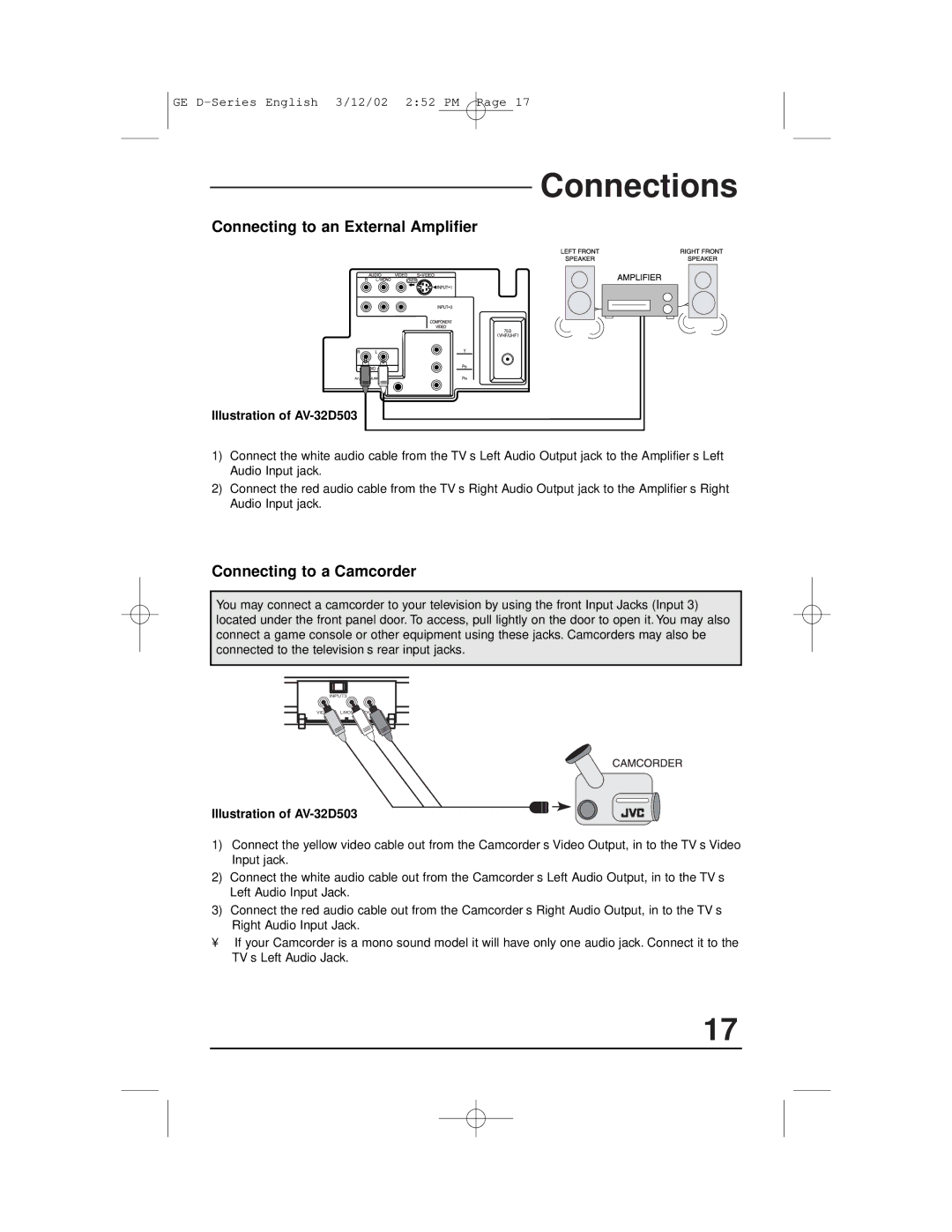 JVC AV-32D303, AV-27D503, AV-36D303, AV-36D203, AV-32D503 manual Connecting to an External Amplifier, Connecting to a Camcorder 