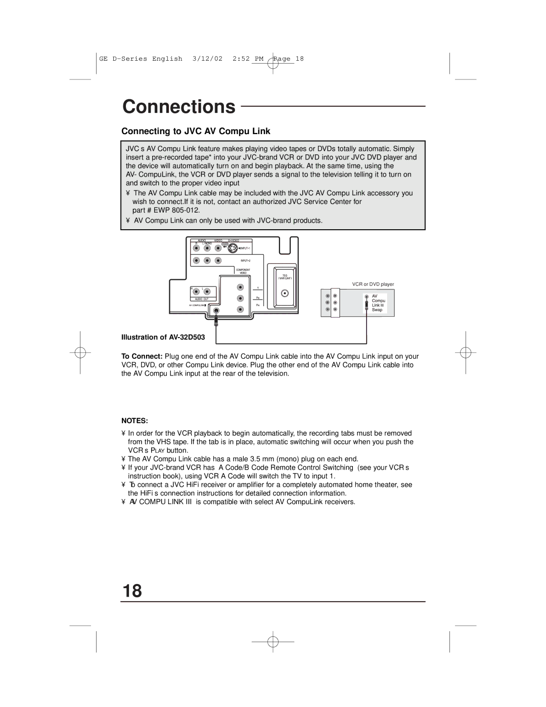 JVC AV-27D503, AV-36D303, AV-36D203, AV-32D503, AV-32D203, AV-32D303 manual Connecting to JVC AV Compu Link 