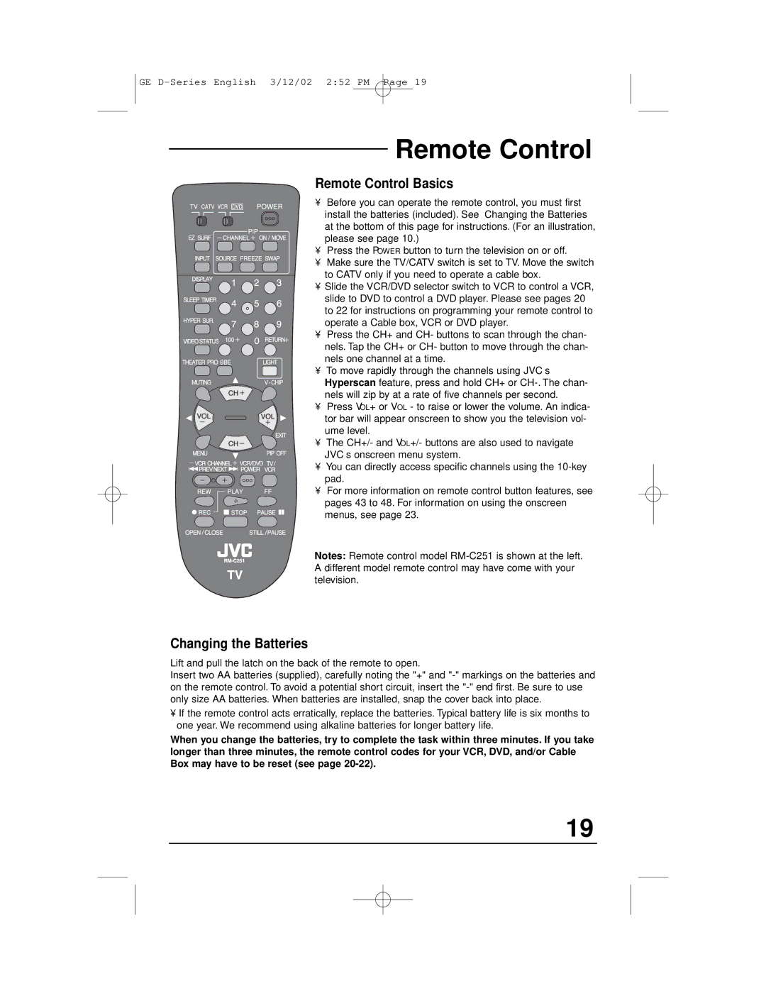 JVC AV-36D303, AV-27D503, AV-36D203, AV-32D503, AV-32D203, AV-32D303 manual Remote Control Basics 