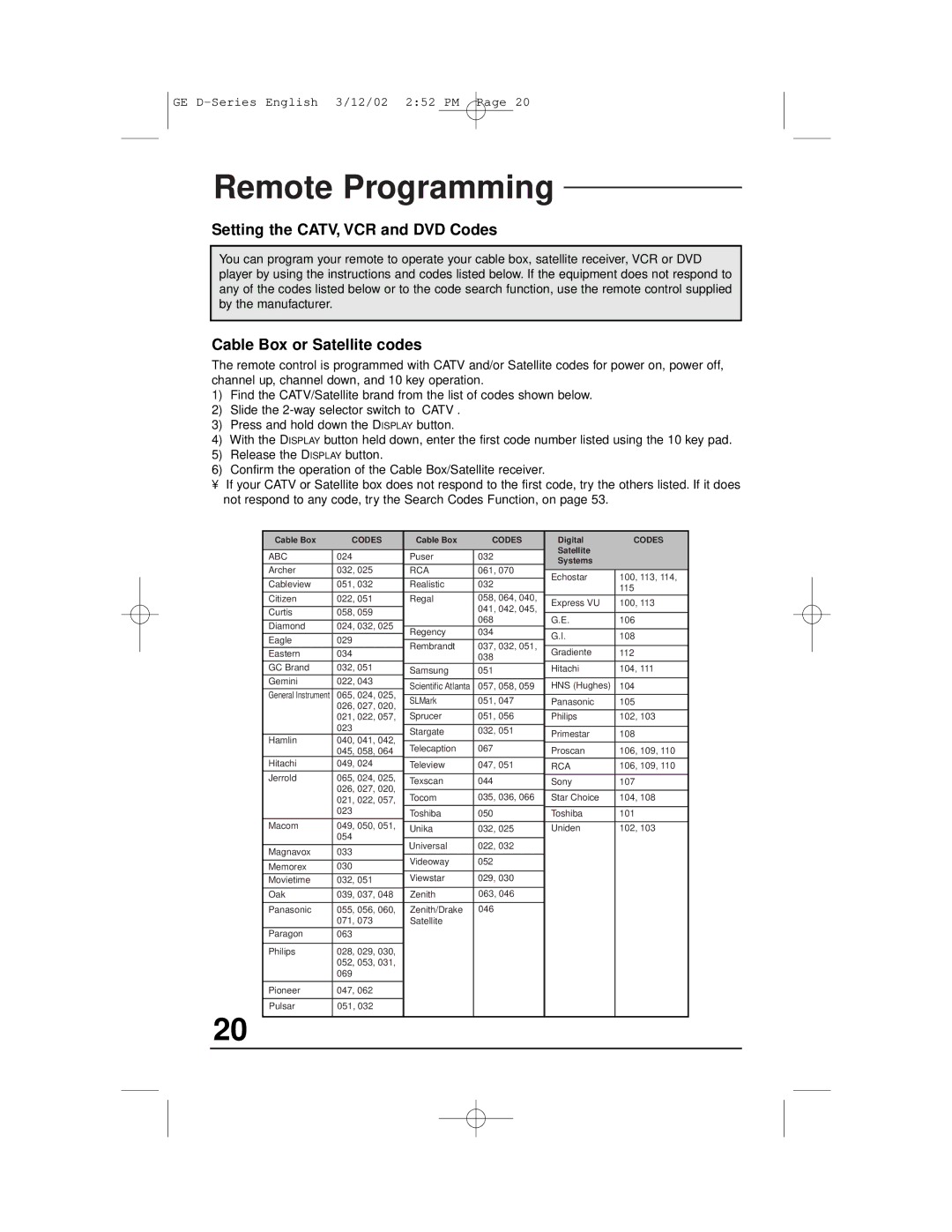 JVC AV-36D203, AV-27D503, AV-36D303 Remote Programming, Setting the CATV, VCR and DVD Codes, Cable Box or Satellite codes 