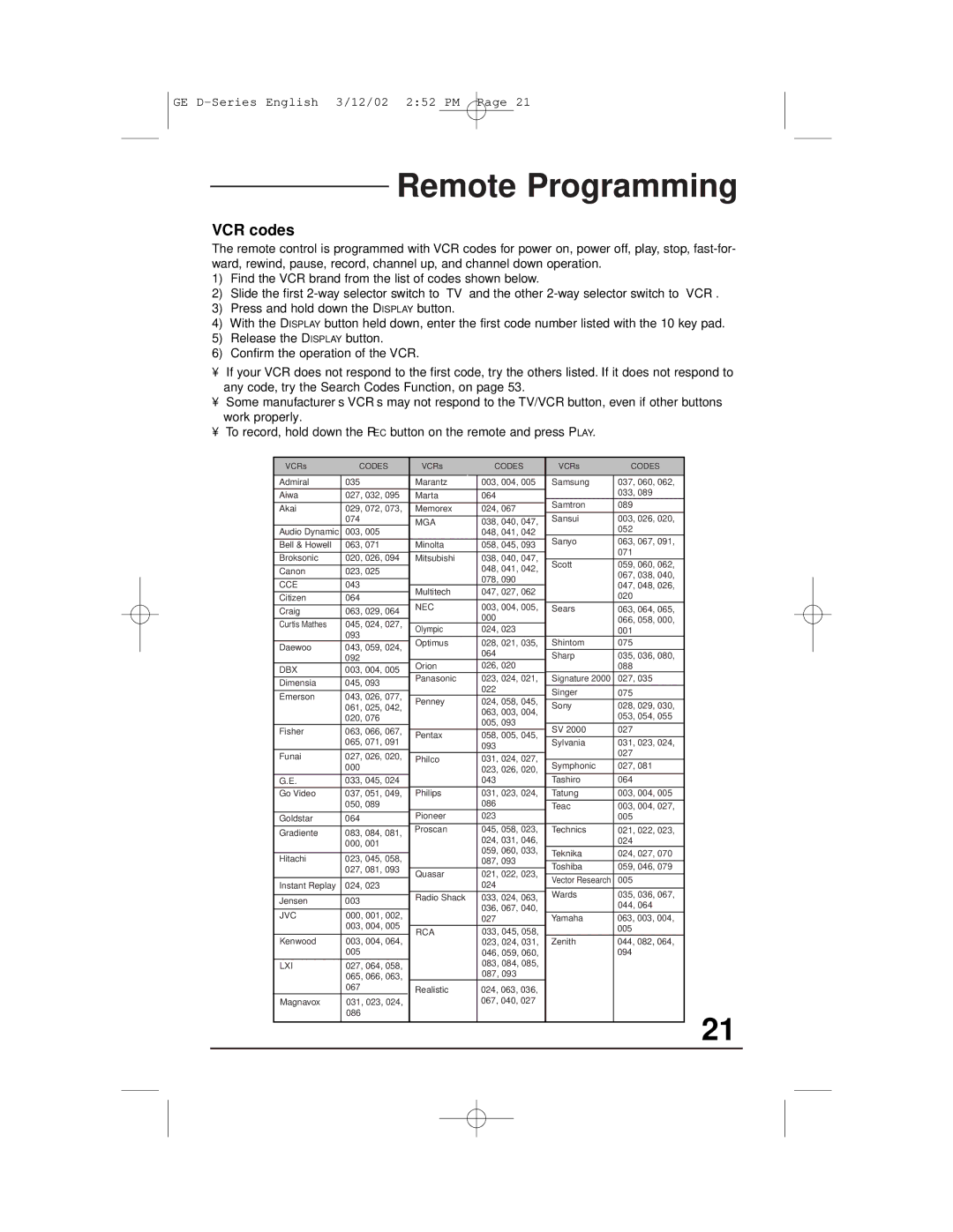 JVC AV-32D503, AV-27D503, AV-36D303, AV-36D203, AV-32D203, AV-32D303 manual VCR codes, Mga 