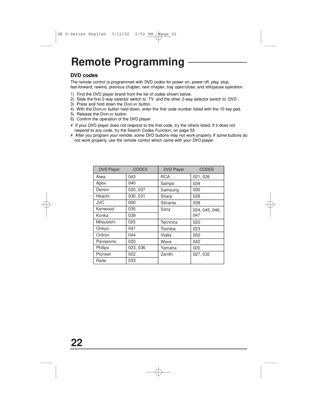 JVC AV-32D203, AV-27D503, AV-36D303, AV-36D203, AV-32D503, AV-32D303 manual DVD codes, Jvc 