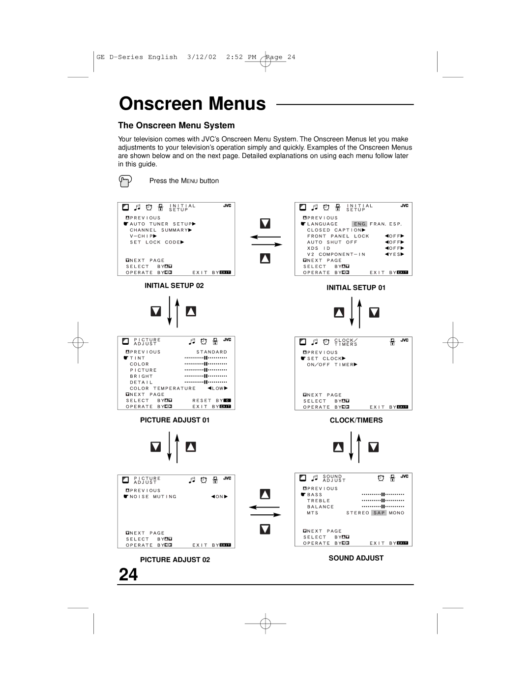 JVC AV-27D503, AV-36D303, AV-36D203, AV-32D503, AV-32D203, AV-32D303 manual Onscreen Menu System 