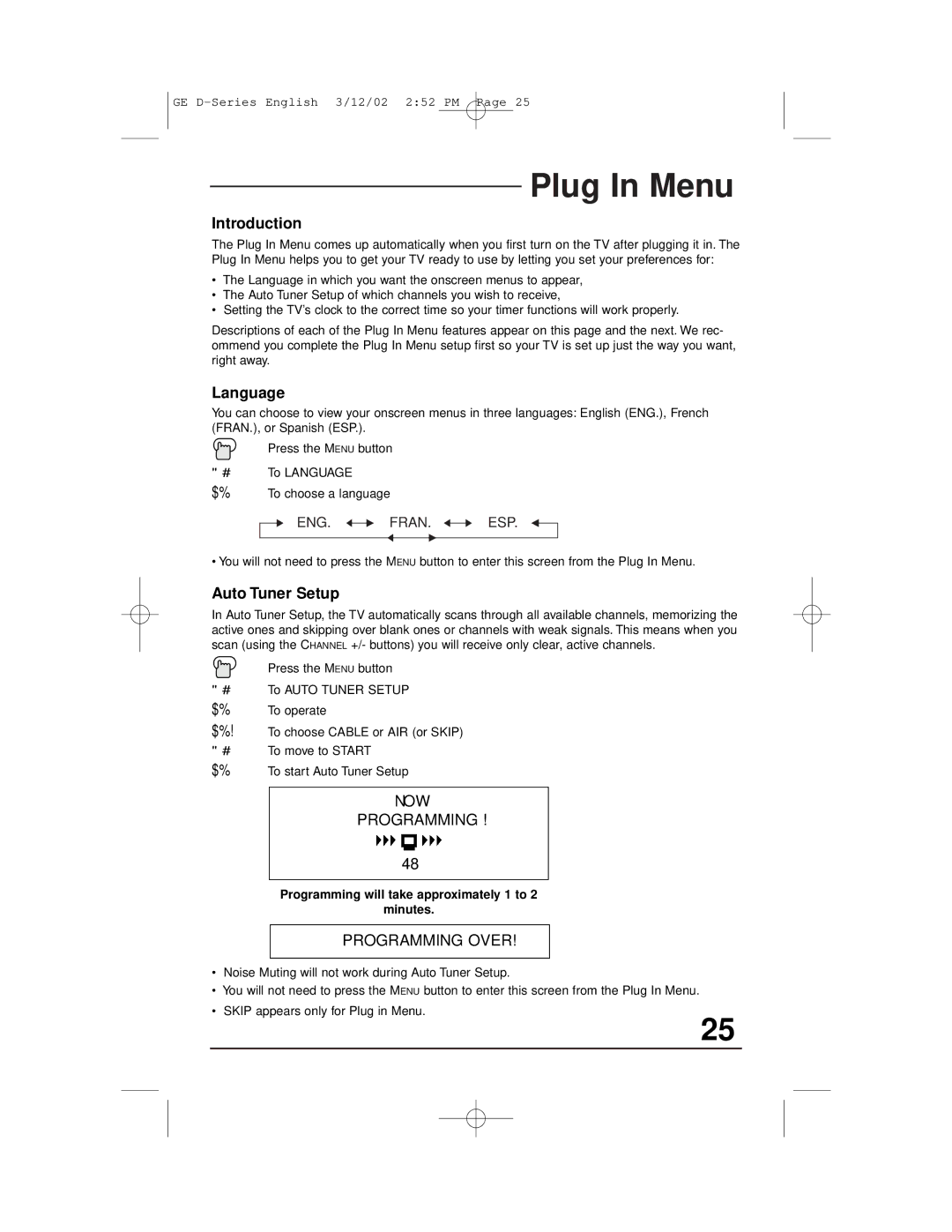 JVC AV-36D303 Plug In Menu, Introduction, Language, Auto Tuner Setup, Programming will take approximately 1 to Minutes 