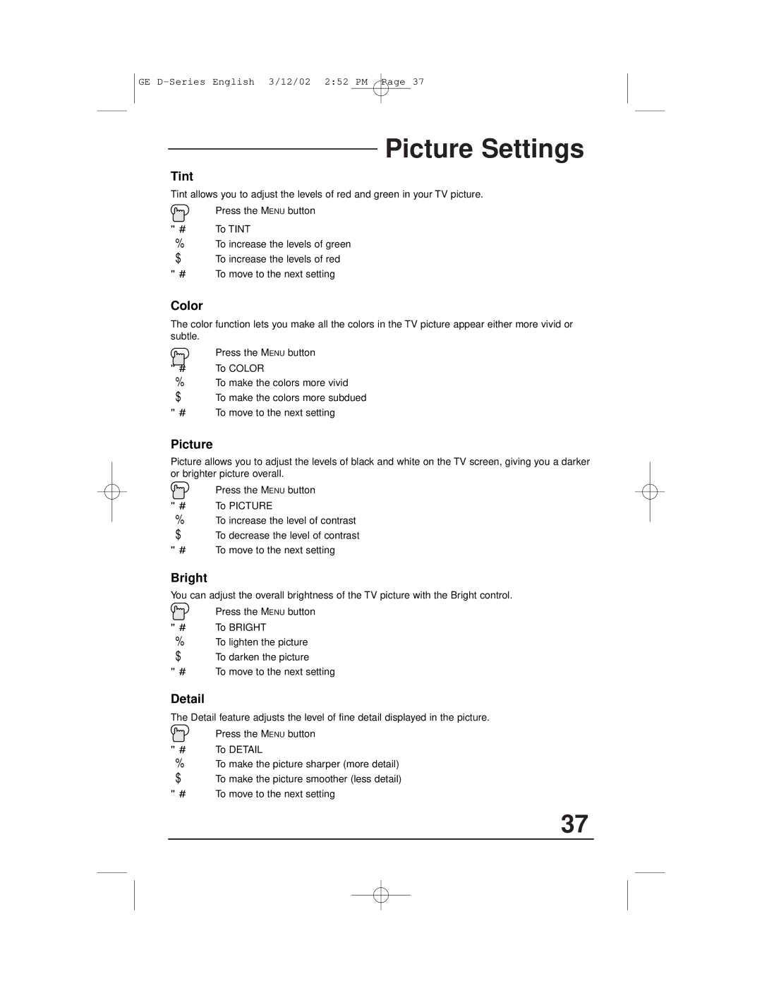 JVC AV-36D303, AV-27D503, AV-36D203, AV-32D503, AV-32D203, AV-32D303 manual Picture Settings 