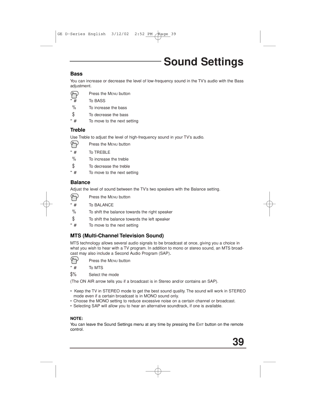 JVC AV-32D503, AV-27D503, AV-36D303, AV-36D203 Sound Settings, Bass, Treble, Balance, MTS Multi-Channel Television Sound 