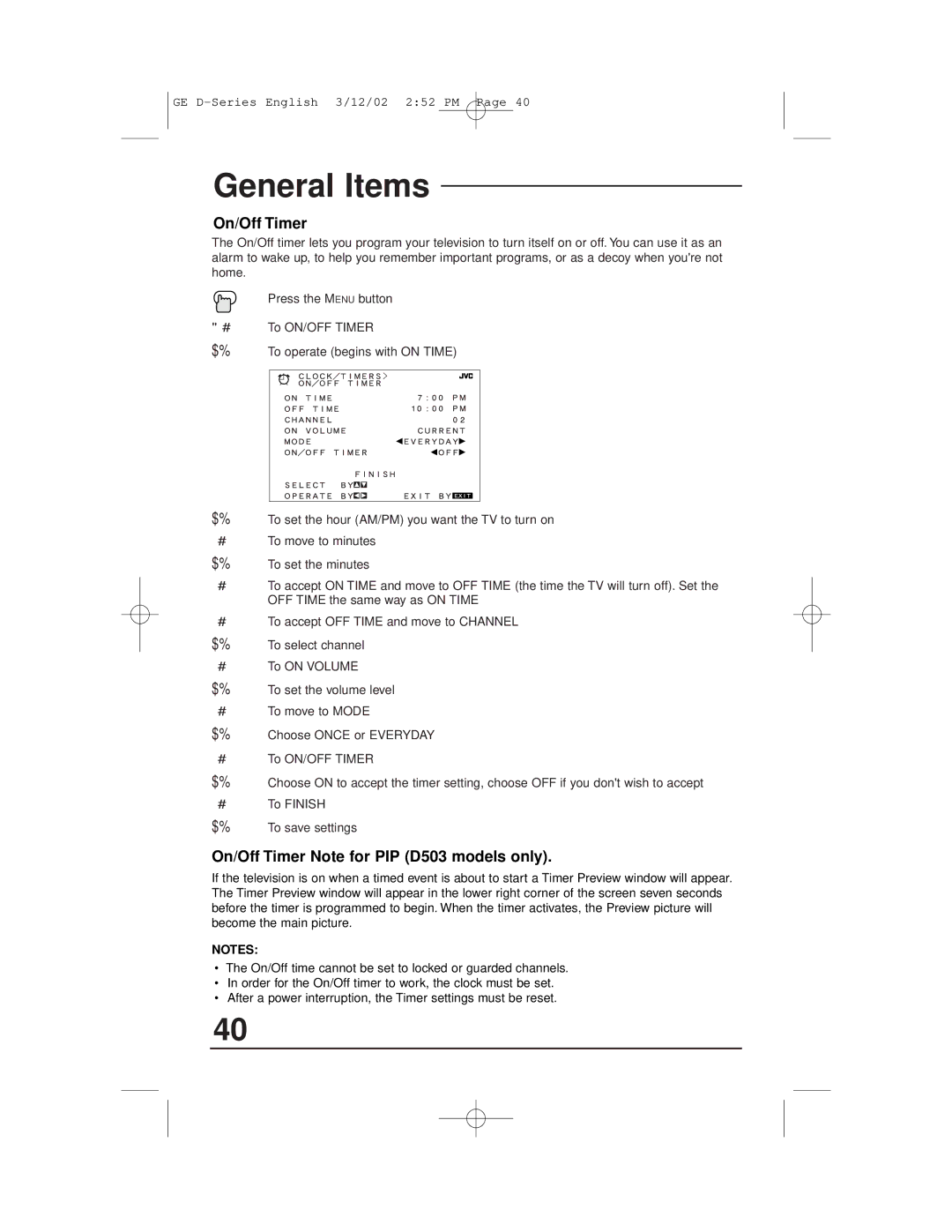 JVC AV-32D203, AV-27D503, AV-36D303, AV-36D203, AV-32D503 manual General Items, On/Off Timer Note for PIP D503 models only 