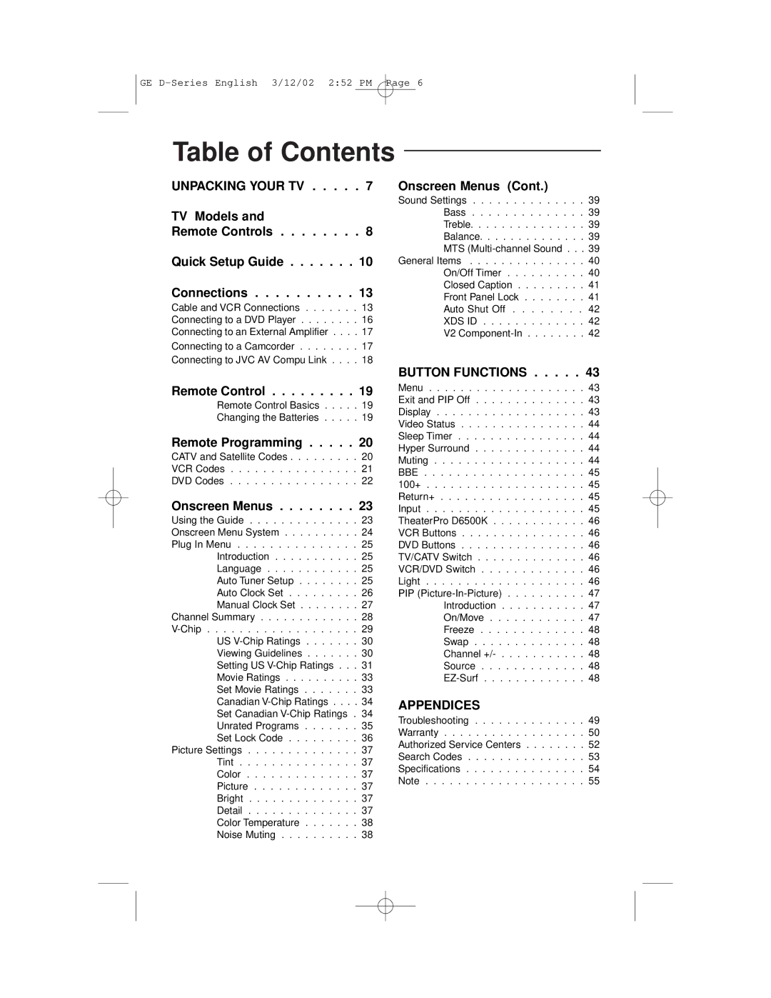 JVC AV-27D503, AV-36D303, AV-36D203, AV-32D503, AV-32D203, AV-32D303 manual Table of Contents 