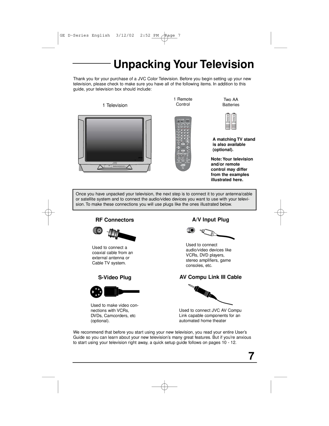 JVC AV-36D303, AV-27D503, AV-36D203, AV-32D503, AV-32D203 Unpacking Your Television, RF Connectors Input Plug, Video Plug 