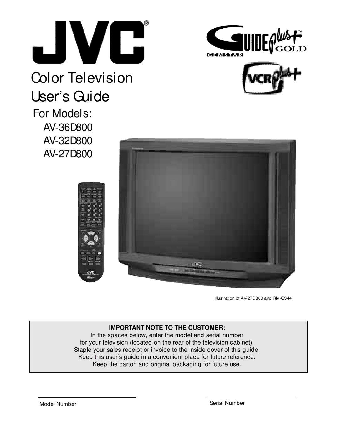 JVC AV-27D800 manual Color Television User’s Guide, Important Note to the Customer 