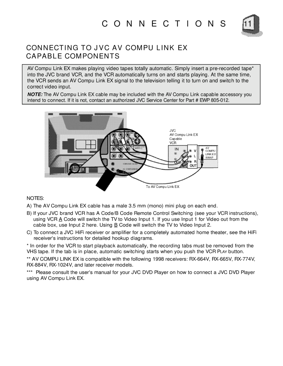 JVC AV-27D800 manual Connecting to JVC AV Compu Link EX Capable Components 